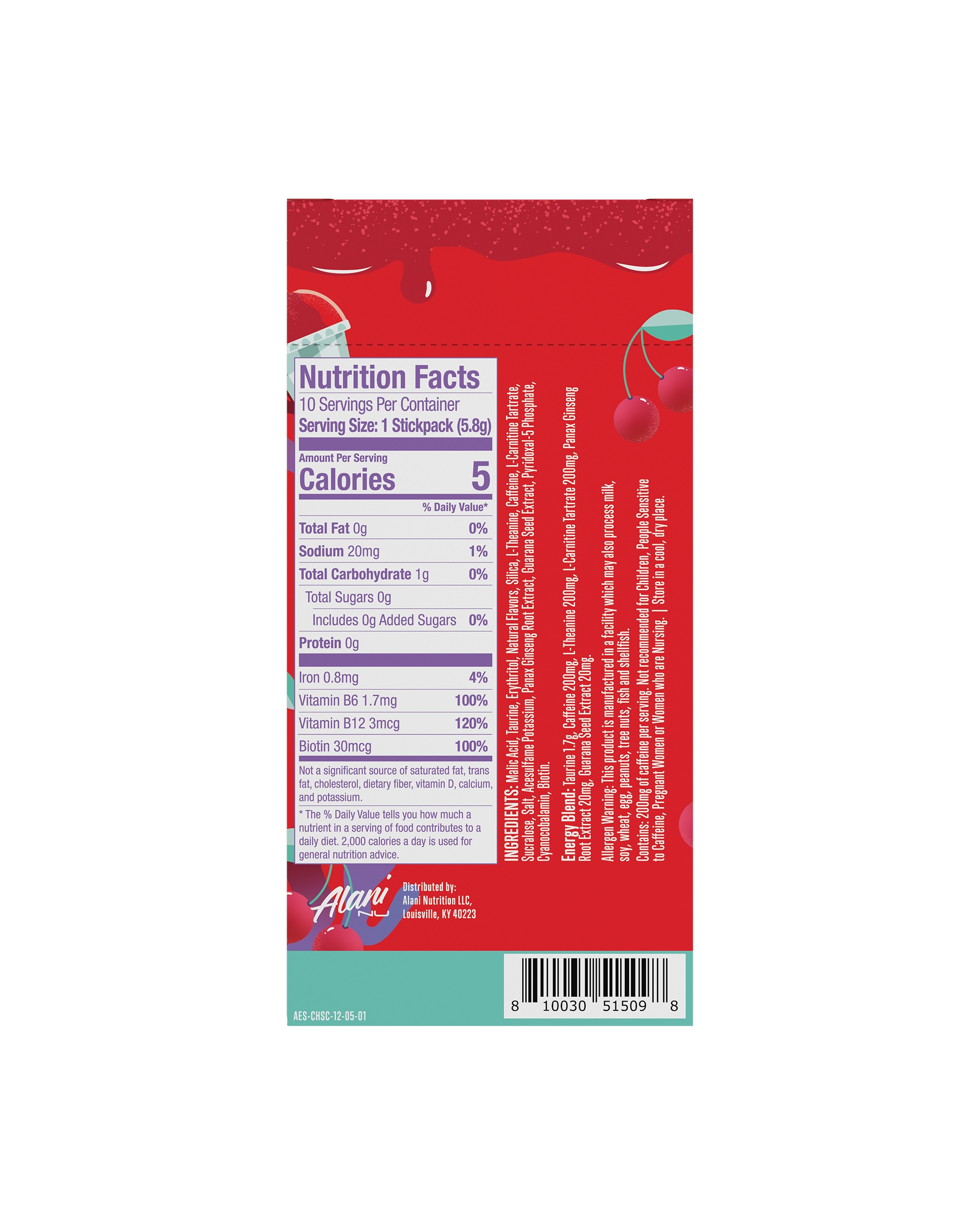 A back view of Energy Sticks in Cherry Slush flavor highlighting the Nutrition Facts.