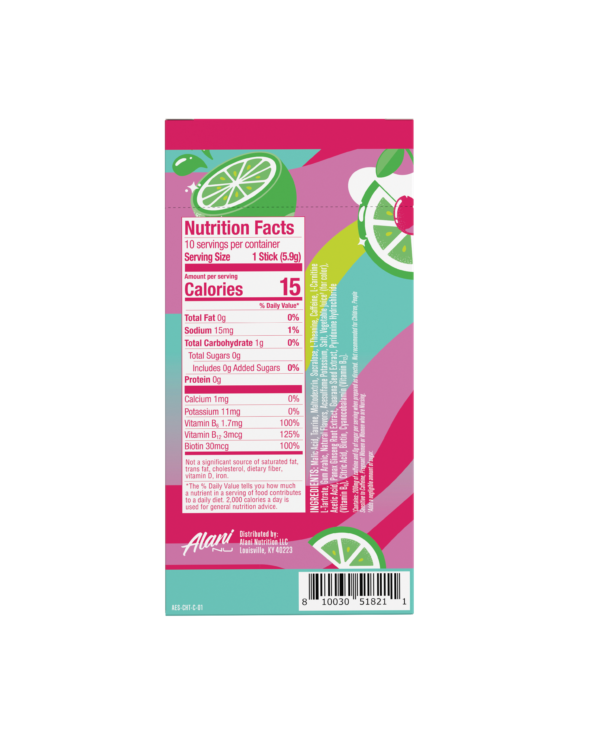 The back view of a 15-calorie Pink Slush Energy Stick 10-Pack, highlighting nutritional facts and ingredients.