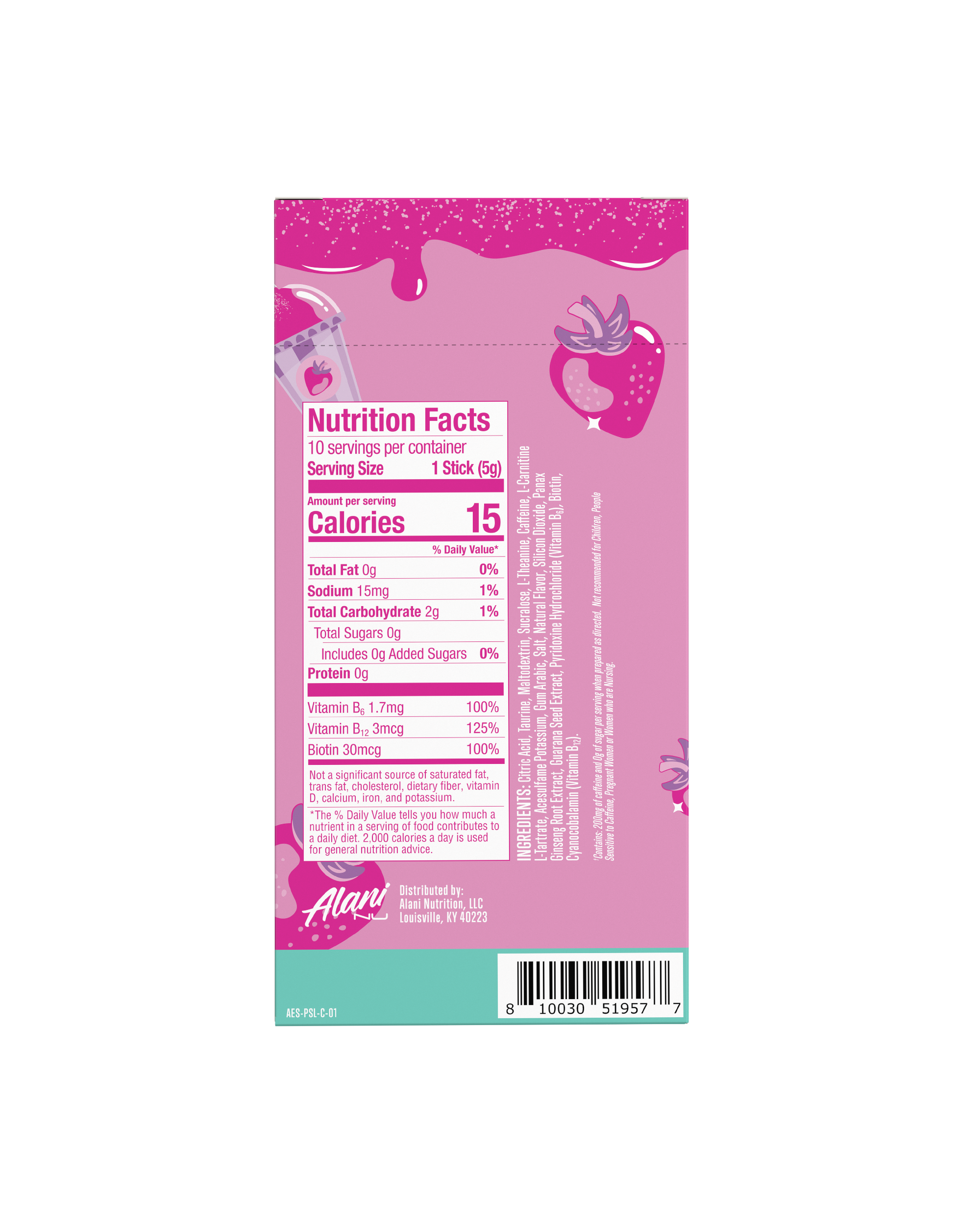 The back view of a 15-calorie Pink Slush Energy Stick 10-Pack, highlighting nutritional facts and ingredients.