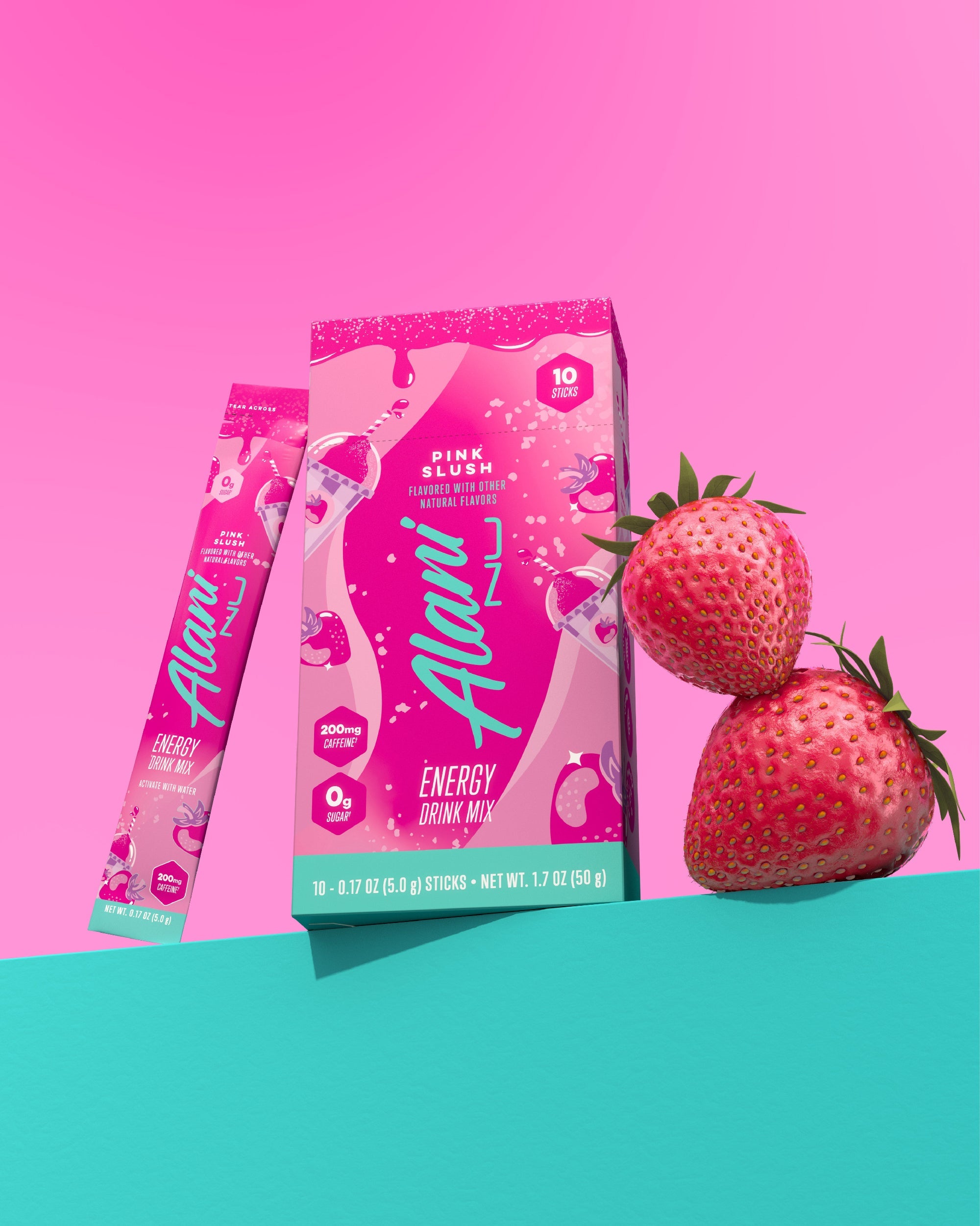Two strawberries, a Pink Slush Energy Stick, and its 10-pack carton grouped on a seafoam shelf.