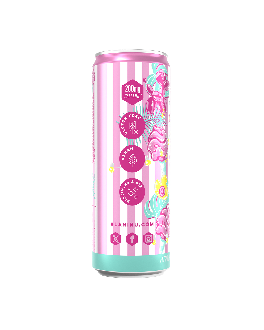 The side view of a Cotton Candy Energy Drink, gluten-free, vegan, and made with B vitamins and 200mg of caffeine per serving.