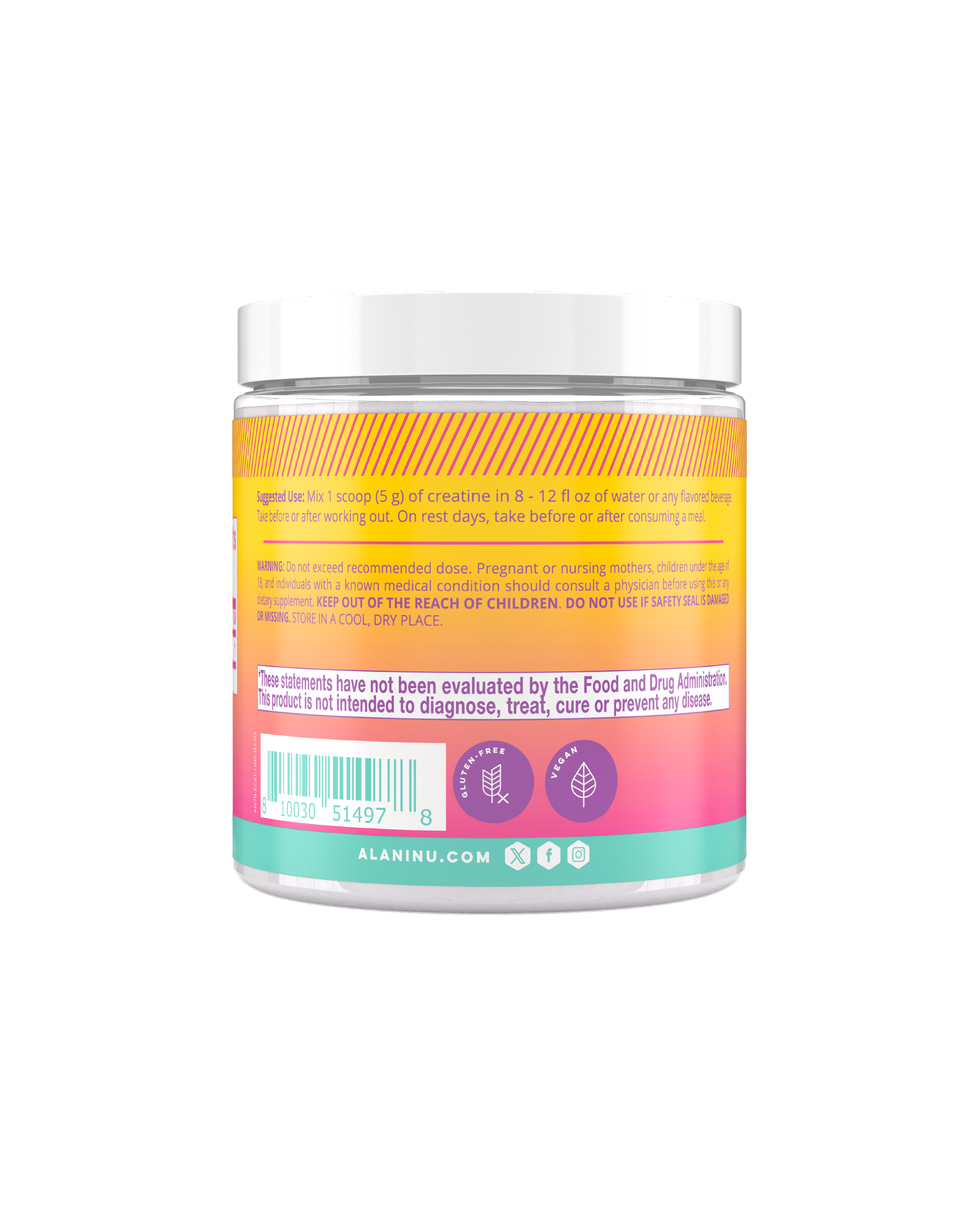 A side view of Creatine in unflavored highlighting the suggested use of product.