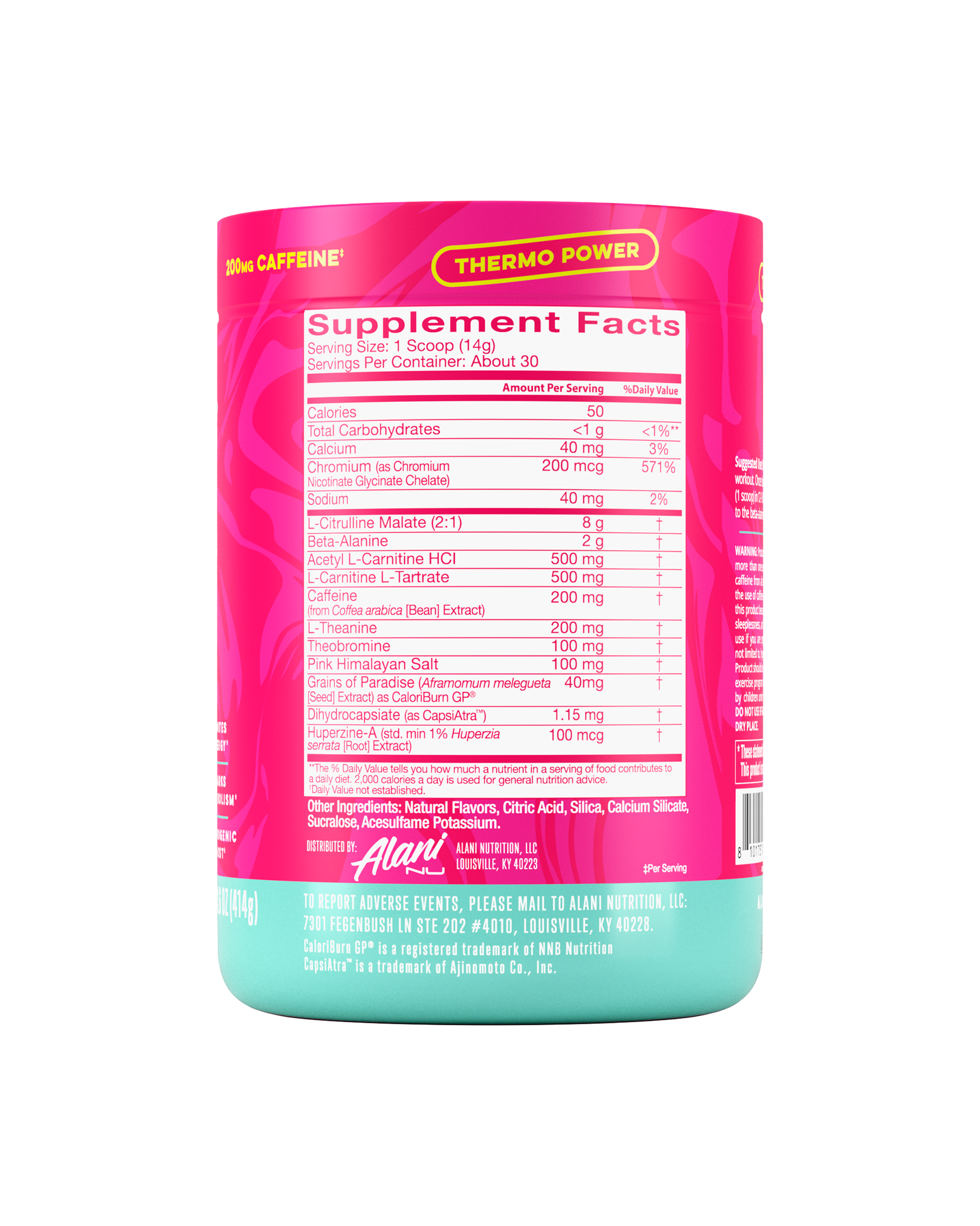 The back view of a 50-calorie, thermo-powered Dragon Fruit Rush Pre-Workout+ Burn tub, highlighting supplement facts and ingredients.*