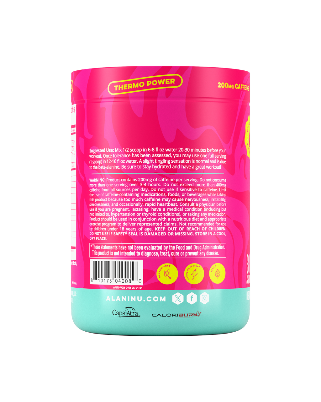 The side view of a Dragon Fruit Rush Pre-Workout+ Burn tub, gluten-free, vegan, and formulated with 200mg of caffeine per serving, CapsiAtra™, and CaloriBurn®. Suggested-use directions and warning shown.