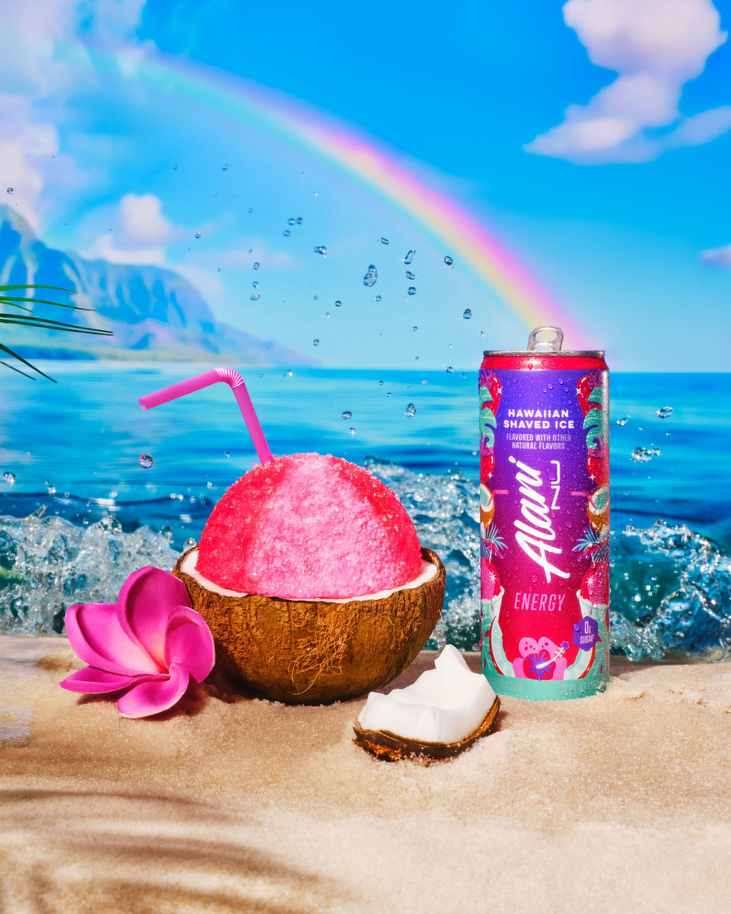 An Energy Drink next to pink shaved ice in a coconut shell. In the distance, a lush island and a rainbow. ​
