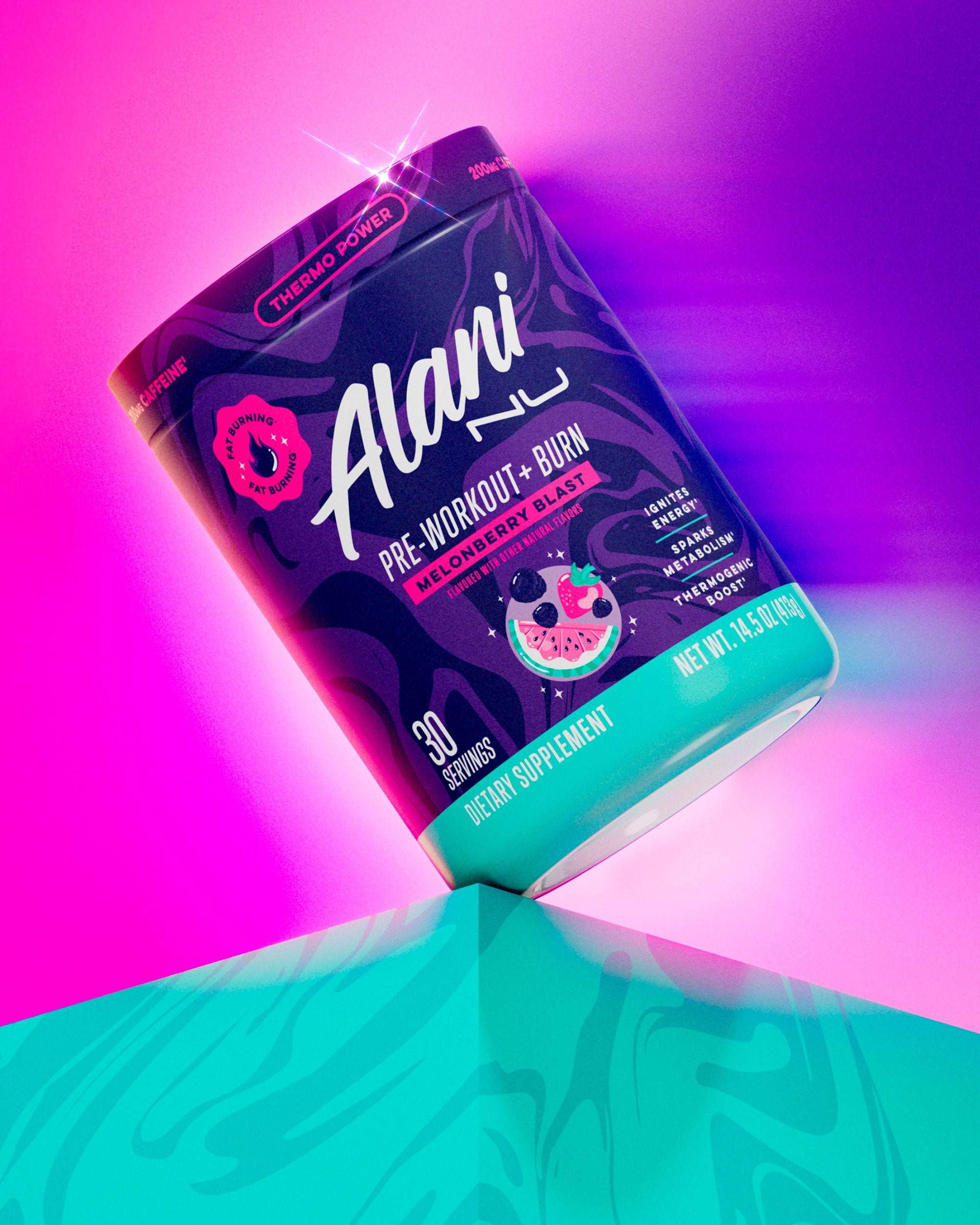 Alani Nu's thermo-powered Melonberry Blast Pre-Workout+ Burn supplement on a seafoam shelf in front of a vivid background.