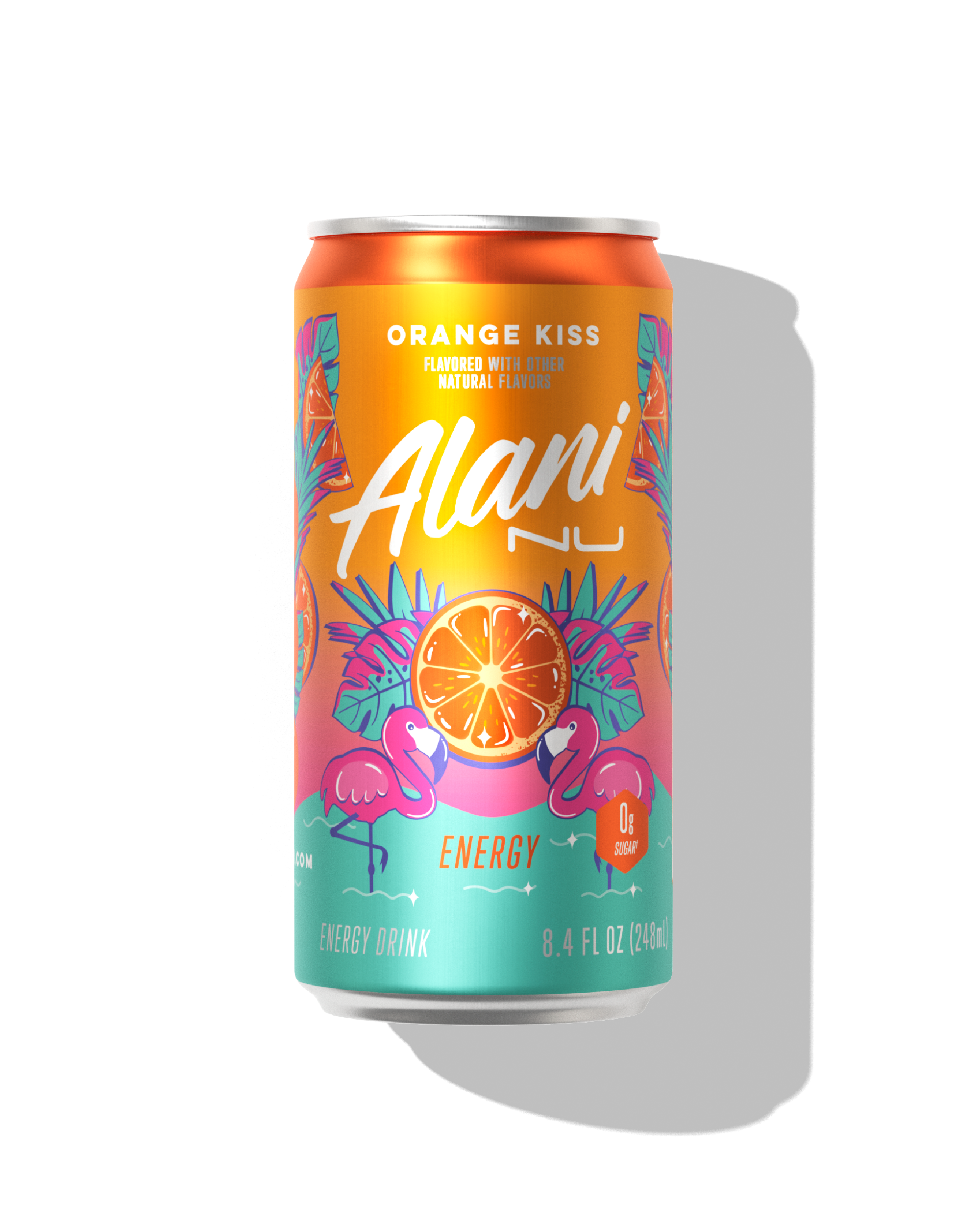 The front view of a sugar-free 8.4oz can of Orange Kiss Alani Nu Mini Energy, flavored with other natural flavors.