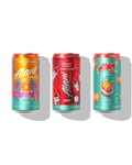 A front view of Mini Cans in flavors Orange Kiss, Cherry Slush and Juicy Peach.