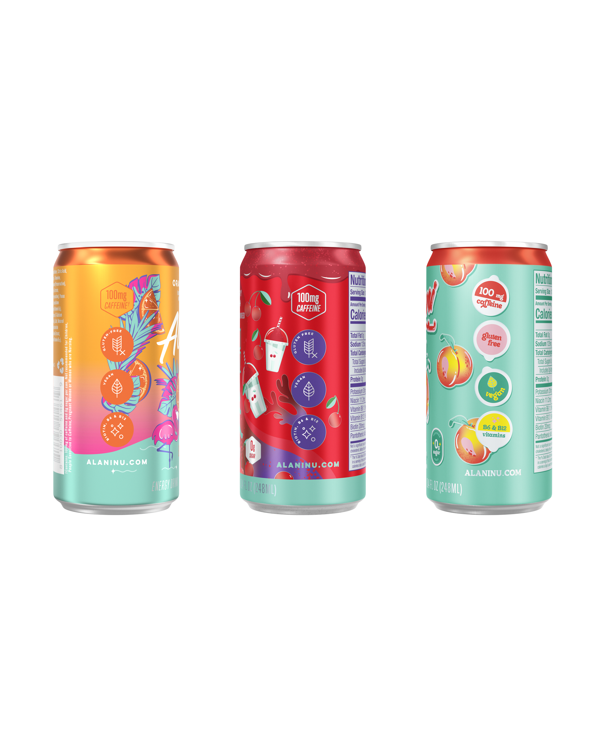 A side view of Mini Cans in flavors Orange Kiss, Cherry Slush and Juicy Peach.