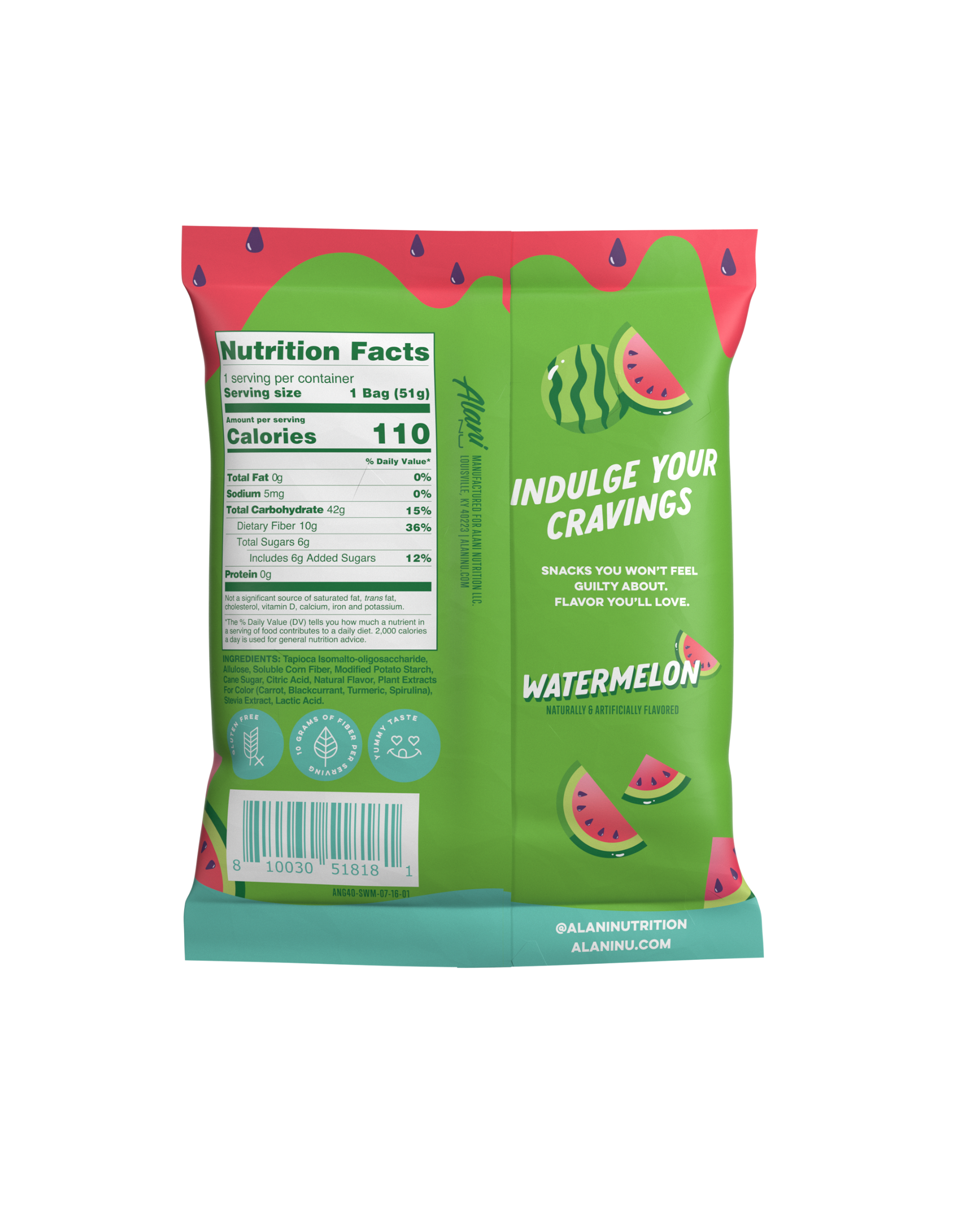 The back view of an Alani Gummi Sour Melon Slices pouch, highlighting nutrition facts.