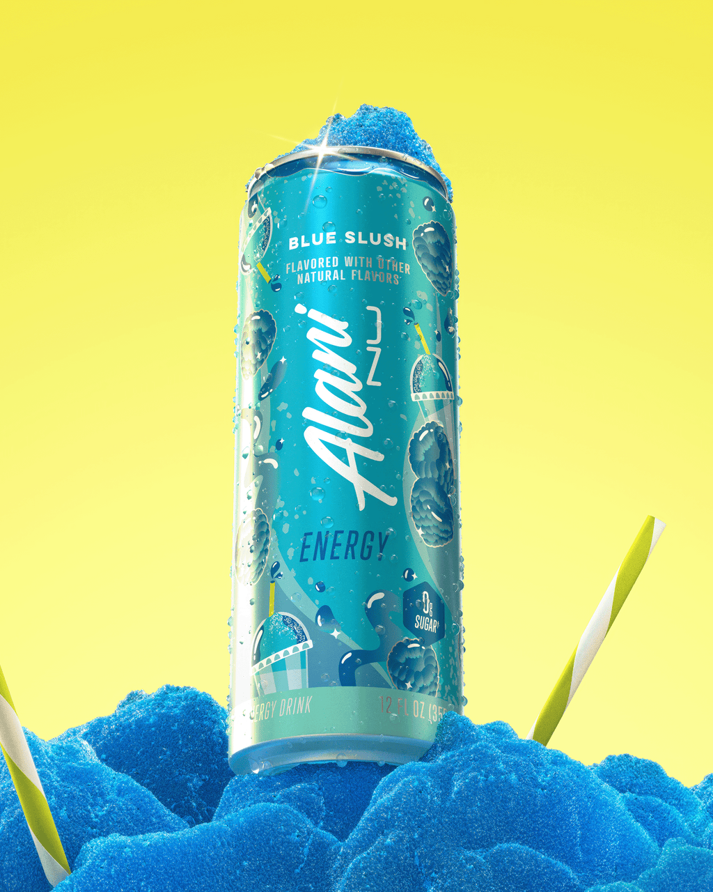 A sugar-free Blue Slush Energy Drink resting on several scoops of blue raspberry slushie, adorned with two striped straws.