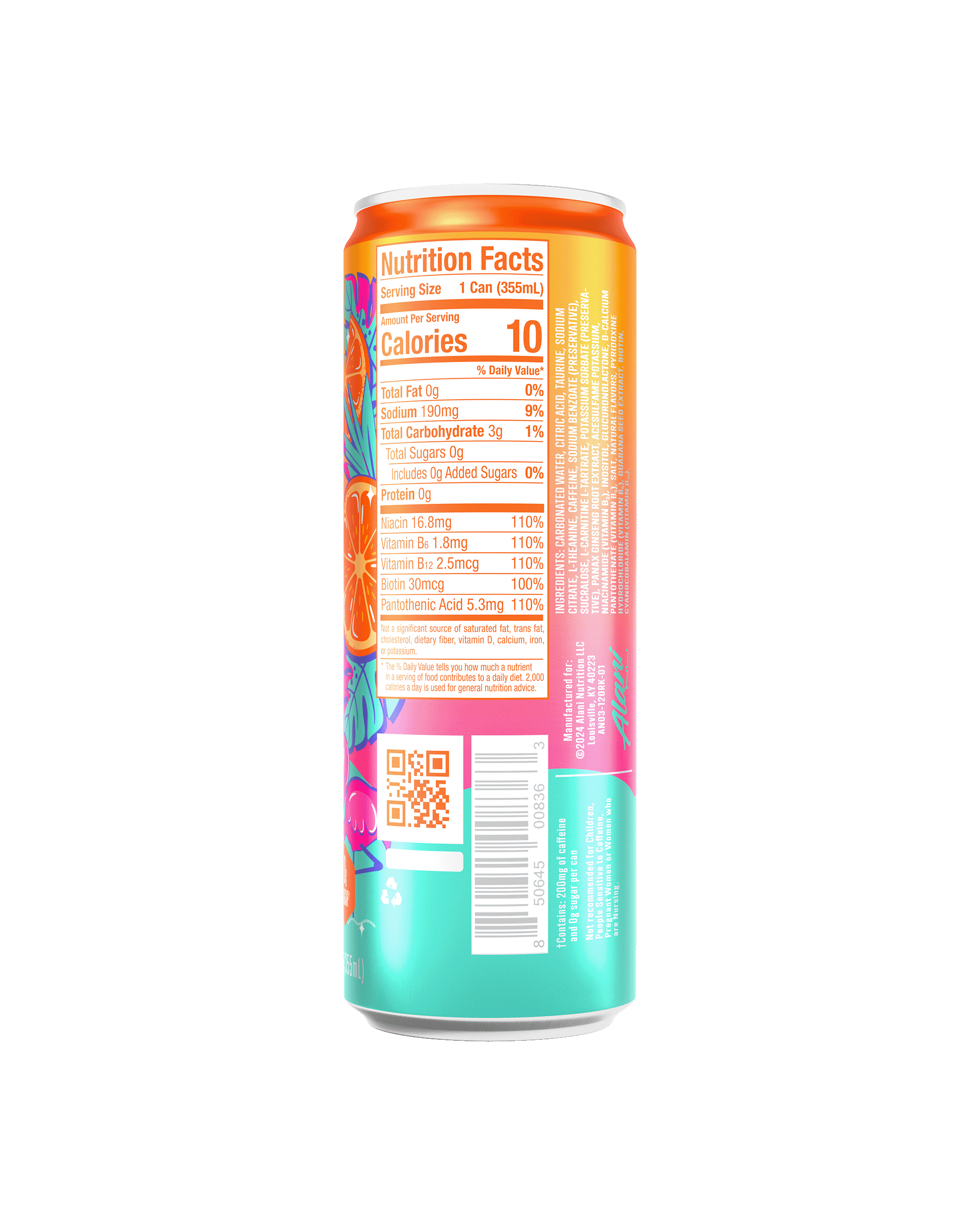 The back view of an Alani Nu Orange Kiss Energy Drink can, highlighting nutrition facts.