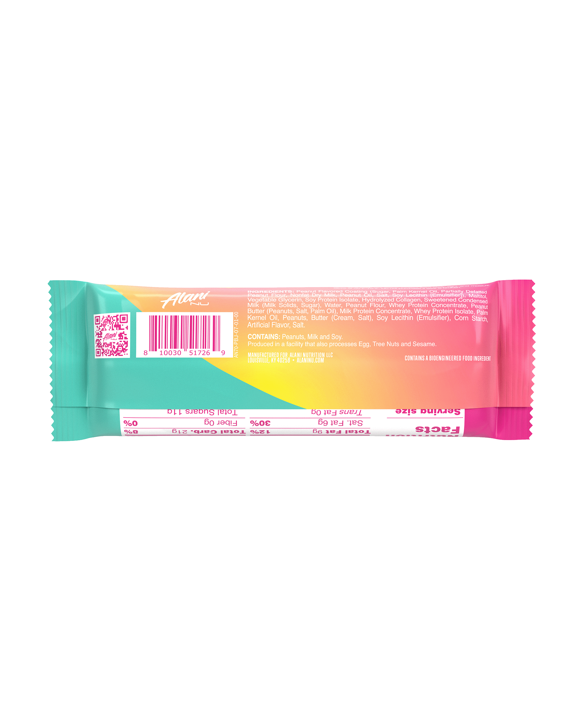 A back view of Protein Bar in Peanut Butter & Jelly flavor highlighting nutrtion facts.
