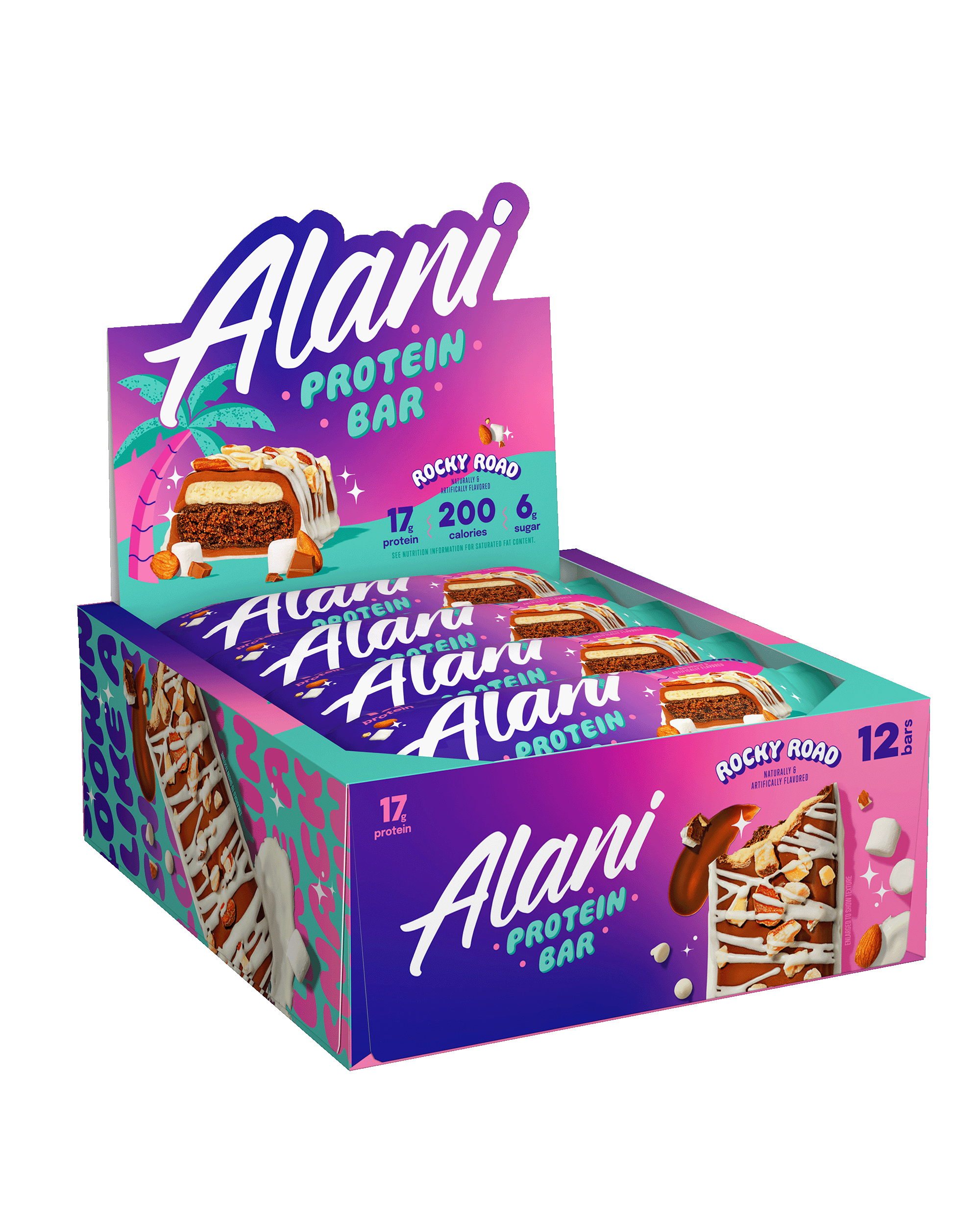 A 12-pack Protein Bar in Rocky Road flavor.
