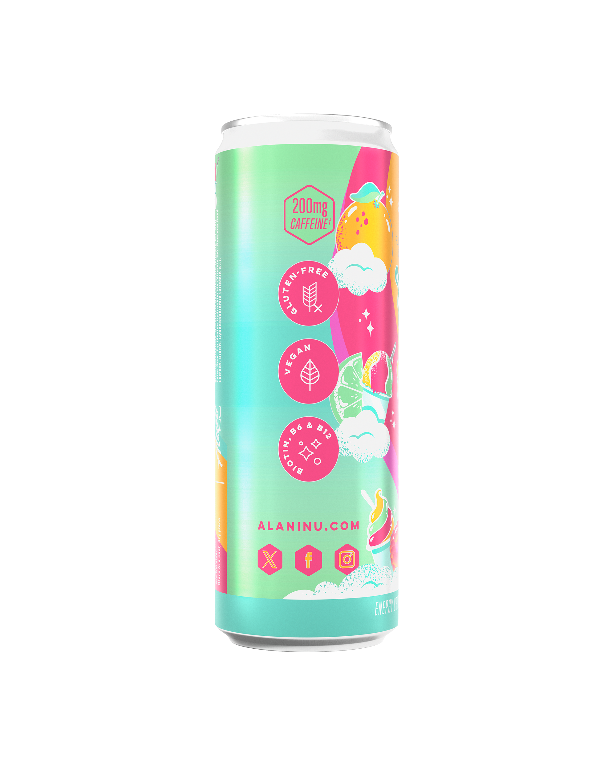 The side view of a Sherbet Swirl Energy Drink, gluten-free, vegan, and made with B vitamins and 200mg of caffeine.