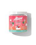 The front view of a 30-serve tub of Alani Nu Strawberry Sunrise Pre-Workout, naturally and artificially flavored and made to support energy, endurance, and pump.